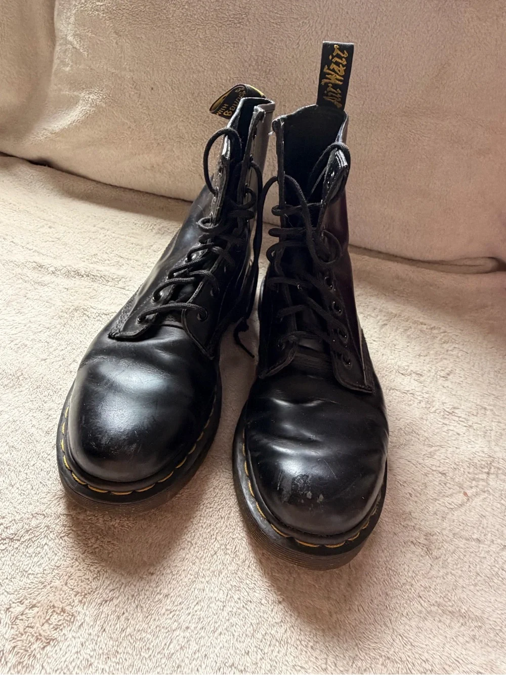 Dr. Martens Black Leather Lace-Up Ankle Boots with Yellow Stitching